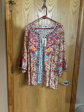 Savanna Jane Multi-Color Floral Embroidered Tunic - Pink & Turquoise Accents